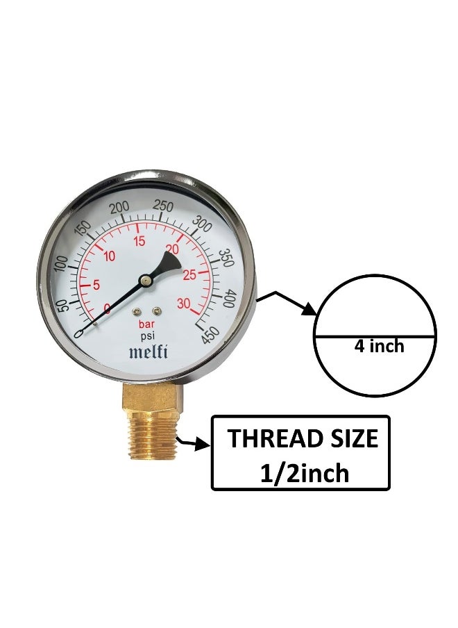 melfi Melfi 4-Inch Dial Pressure Gauge â€“ Accurate, Vibration-Resistant Gauge for Water, Oil, Air & HVAC Systems â€“ Ideal for Industrial & Professional Use (30 BAR)  - Image 2