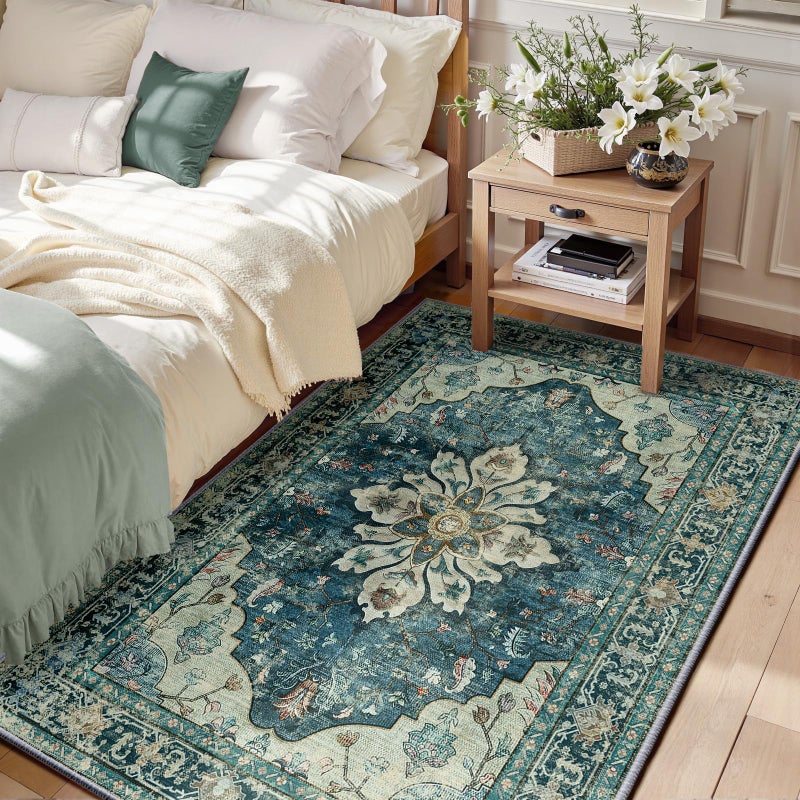 3x5 ft Washable Non-Slip Rug, Deep Blue Vintage Distressed Floral Emblem Design, Suitable for Living Room, Bedroom, and Dining Room - Image 1
