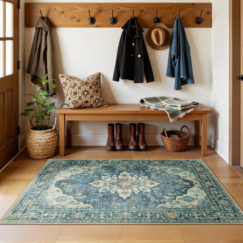 3x5 ft Washable Non-Slip Rug, Deep Blue Vintage Distressed Floral Emblem Design, Suitable for Living Room, Bedroom, and Dining Room - Image 2