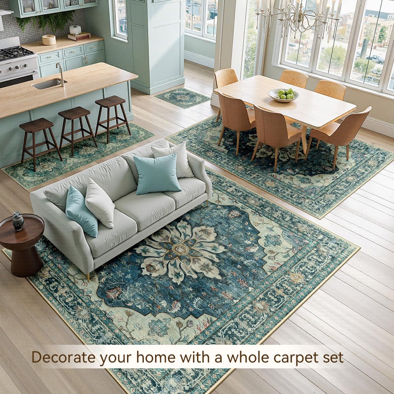 3x5 ft Washable Non-Slip Rug, Deep Blue Vintage Distressed Floral Emblem Design, Suitable for Living Room, Bedroom, and Dining Room - Image 4