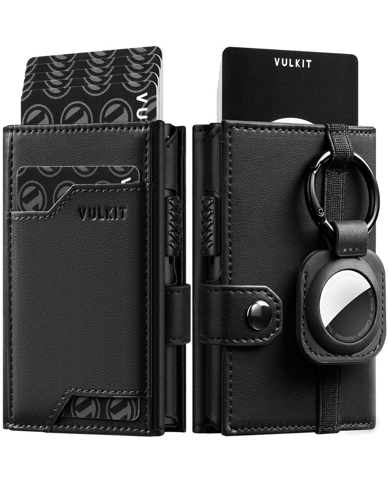VULKIT Airtag Wallet with Keyring Leather Mens Pop up Credit Card Wallet with Air Tag Holder Trifold ID Window RFID Blocking（New-Black） - Image 1