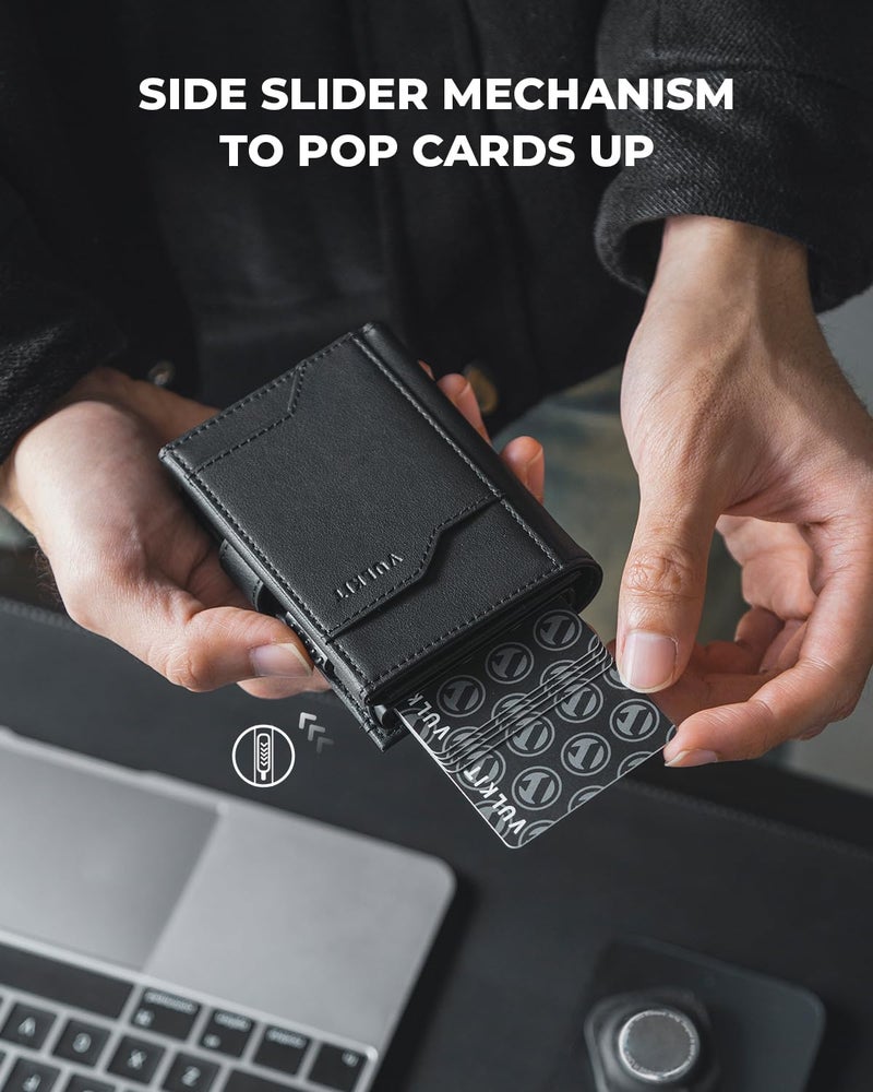 VULKIT Airtag Wallet with Keyring Leather Mens Pop up Credit Card Wallet with Air Tag Holder Trifold ID Window RFID Blocking（New-Black） - Image 2
