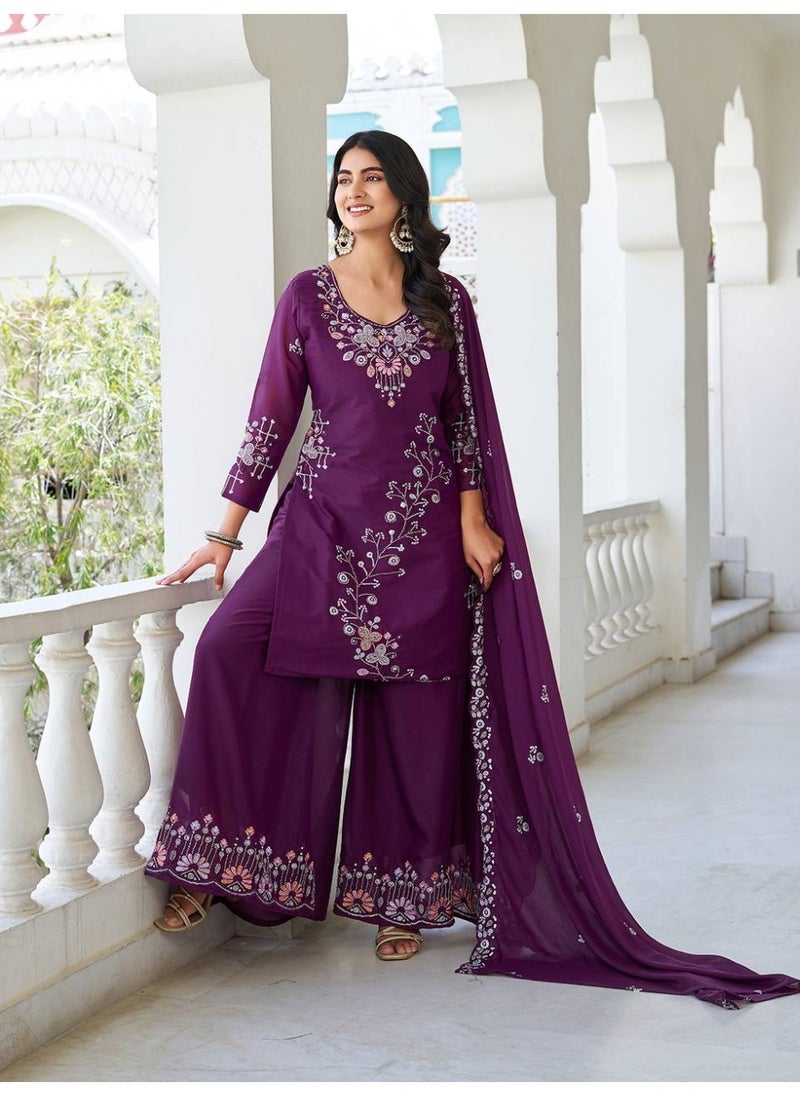 Super Asian Designer Star Georgette Kurti Palazzo Set with Dupatta – Heavy Moti, Bidas & Sequin Embroidery | Fully Stitched  - Image 3