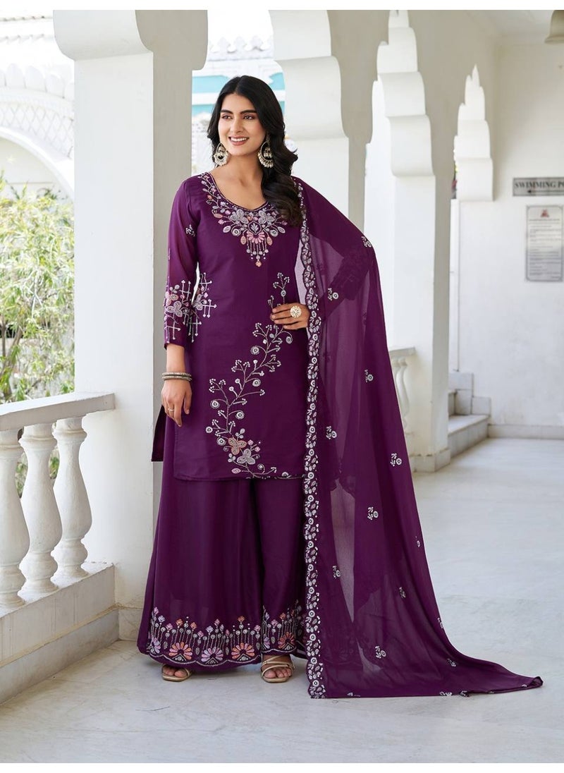 Super Asian Designer Star Georgette Kurti Palazzo Set with Dupatta – Heavy Moti, Bidas & Sequin Embroidery | Fully Stitched  - Image 4