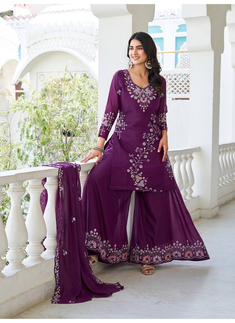 Super Asian Designer Star Georgette Kurti Palazzo Set with Dupatta – Heavy Moti, Bidas & Sequin Embroidery | Fully Stitched  - Image 1