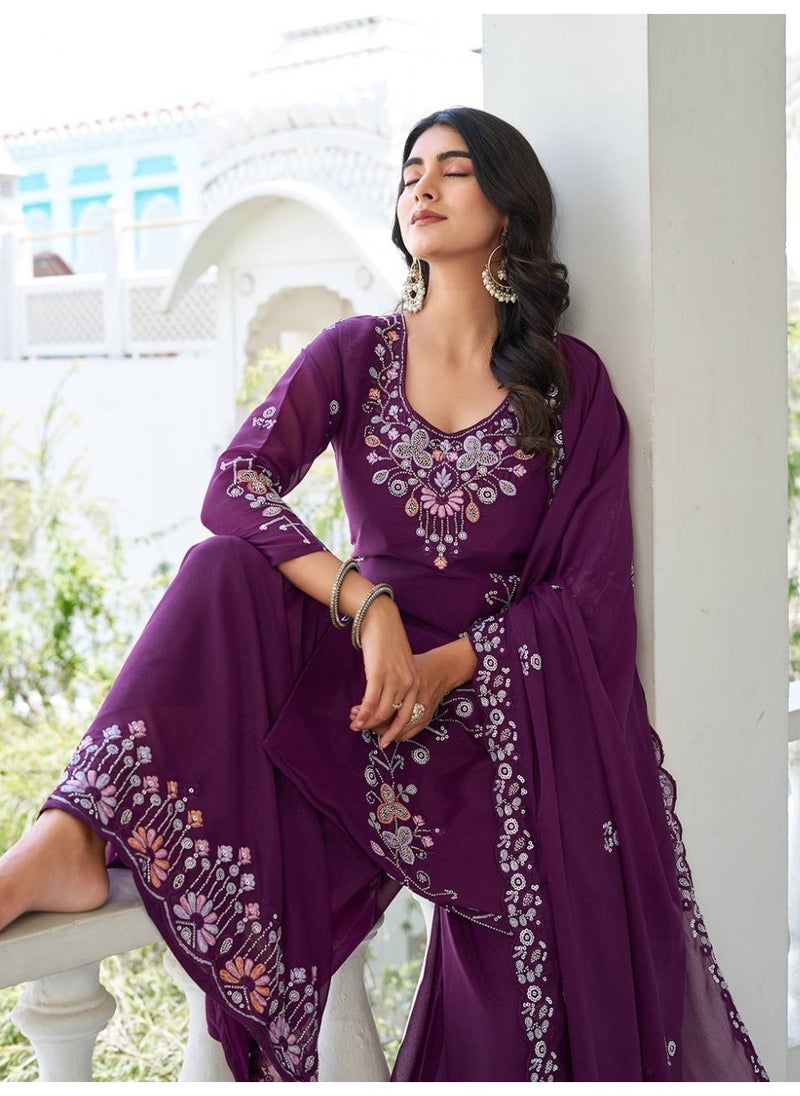 Super Asian Designer Star Georgette Kurti Palazzo Set with Dupatta – Heavy Moti, Bidas & Sequin Embroidery | Fully Stitched  - Image 2
