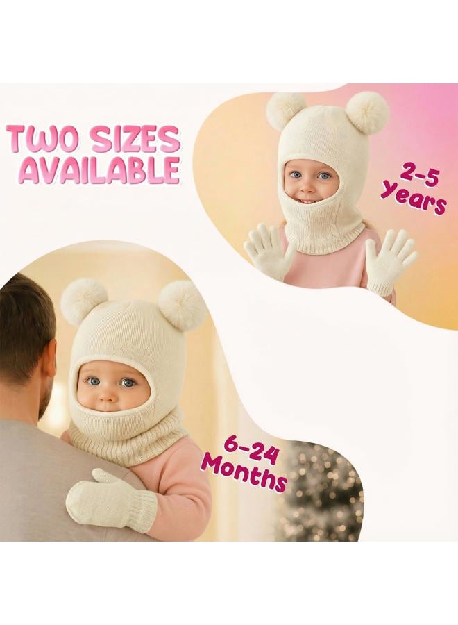 HONGTEYA Toddler Winter Hat Scarf Glove Set, Unisex Baby Kids Velvet Lined Knitted Hat with Neck Warmer for Cold Weather, White, 6-24 Months - Image 4