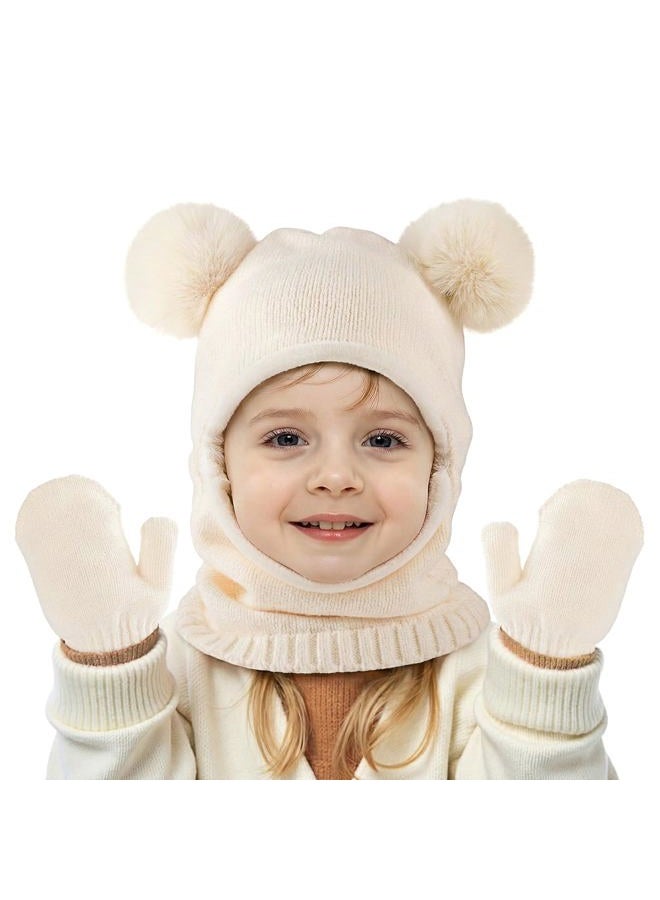 HONGTEYA Toddler Winter Hat Scarf Glove Set, Unisex Baby Kids Velvet Lined Knitted Hat with Neck Warmer for Cold Weather, White, 6-24 Months - Image 1
