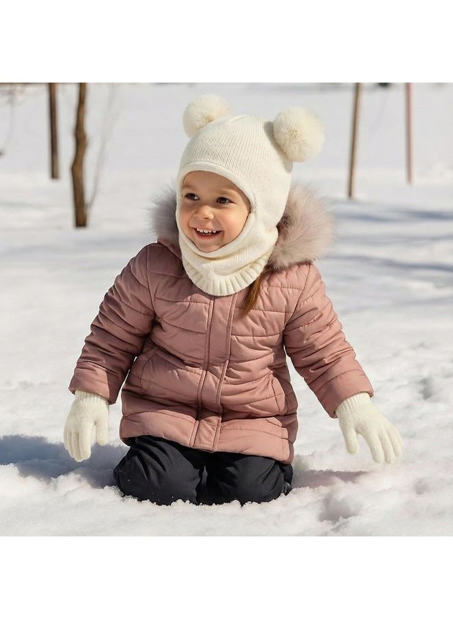 HONGTEYA Toddler Winter Hat Scarf Glove Set, Unisex Baby Kids Velvet Lined Knitted Hat with Neck Warmer for Cold Weather, White, 6-24 Months - Image 2