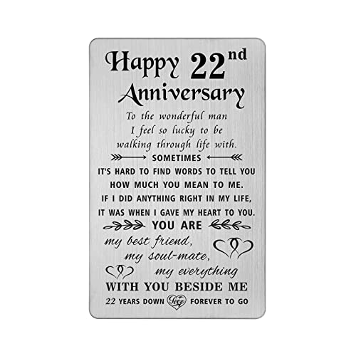 TANWIH 22nd Anniversary Card Gifts for Him Husband, 22 Year Anniversary Card Gifts for Him Men, 22nd Wedding Anniversary for Husband, Engraved Metal Wallet Cards - Image 1