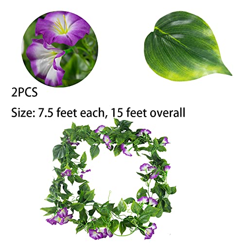 FERIAL Artificial Vines 15Feet Silk Flower Garland for Outdoors Purple Morning Glory Vine Artificial Flowers Hanging Plants Garland Fake Green Plant 2Pcs for Wall Fence Indoor Wedding Banquet Decor - Image 2