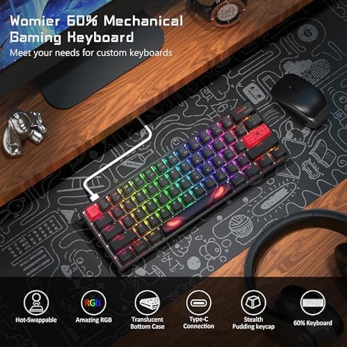 rayihni 60% PERCENT KEYBOARD,WK61 V2 MECHANICAL RGB WIRED GAMING KEYBOARD,HOT-SWAPPABLE CREAMY KEY BOARD WITH PBT KEYCAPS,LINEAR RED SWITCH FOR WINDOWS/MAC (BLACK) - Image 2