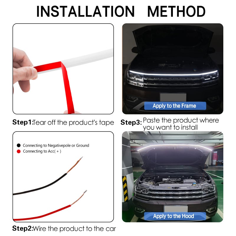 HConce 71 Inches Car Hood Light Strip,Dynamic LED Strip Light,Exterior Flexible Daytime Running Light Strip for Car,SUV (White Light) - Image 5