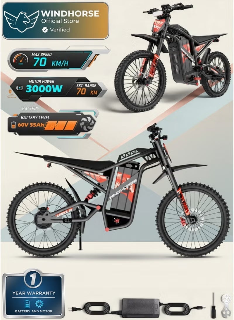 WINDHORSE Y1 Electric Dirt Bike 3000W, 70KM/H Speed, 60V 35Ah Removable Battery, 70KM Range, Carbon Alloy Frame, 19x3 Inches Off-Road Tires, Dual Suspension - Image 1