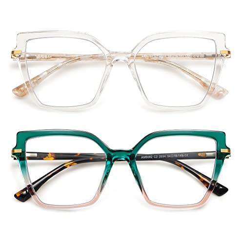 AMOMOMA 2PACK Trendy Square Blue Light Blocking Reading Glasses for Women Women's Readers Spring Hinge AM6082 C1+C2 2.0 x - Image 1