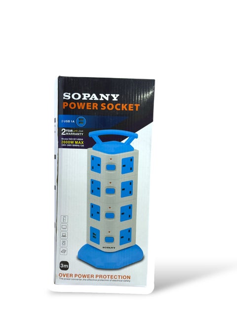 Power Extension Tower With 2 USB Ports and 15 Socket Outlets Maximum 2000 Watt Blue/White