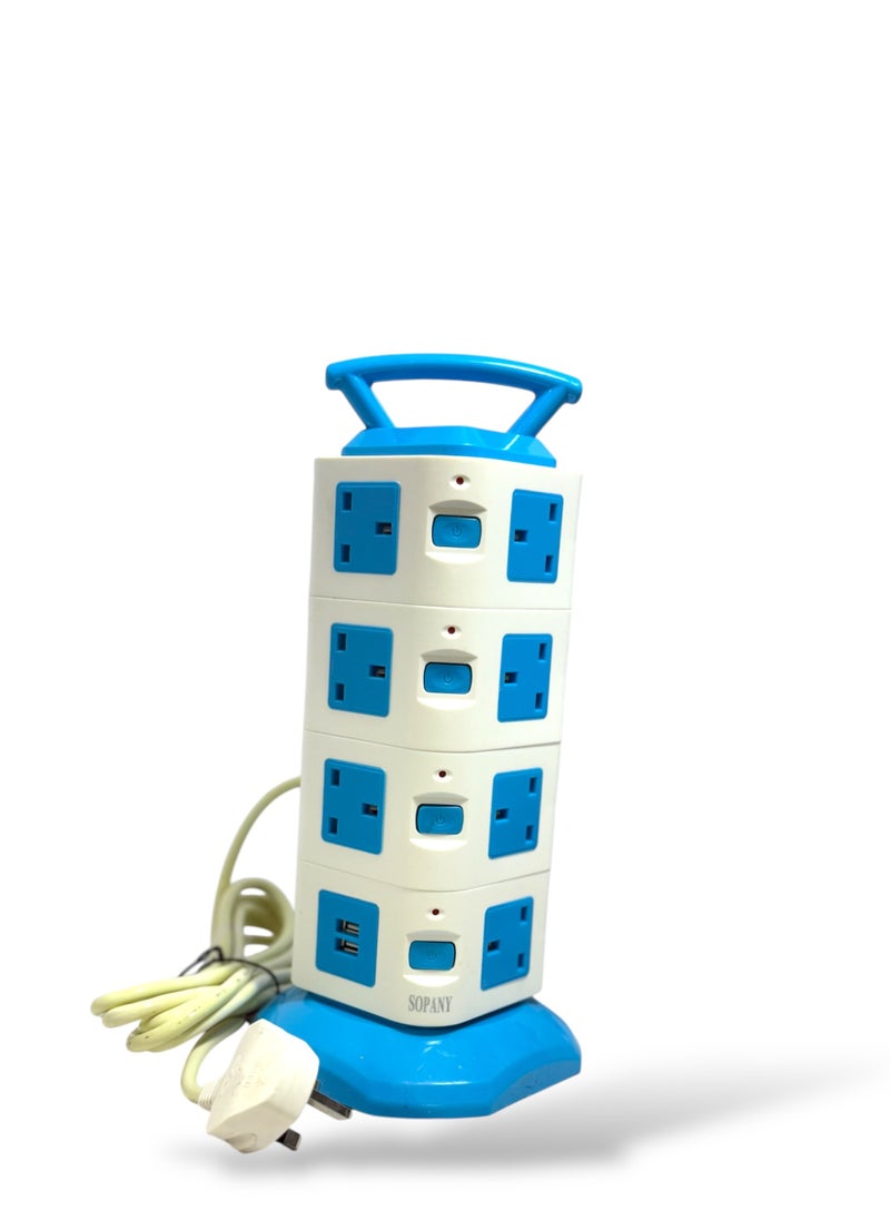Power Extension Tower With 2 USB Ports and 15 Socket Outlets Maximum 2000 Watt Blue/White