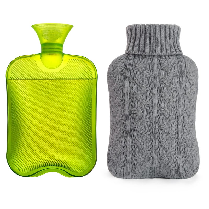 samply Hot Water Bottle with Knitted Cover 2L Hot Water Bag for Hot and Cold Compress Hand Feet Warmer Ideal for Menstrual Cramps Neck and Shoulder Pain ReliefGrey