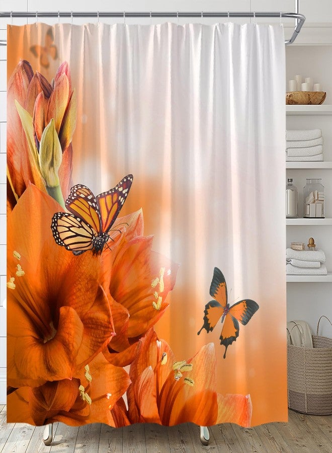 EVRCVAR Orange Shower Curtain Flower Butterfly Rustic Floral Lily Spring Nature Scene Bright Bathroom Curtain Fabric with Hooks(70" WX70 H) - Image 1