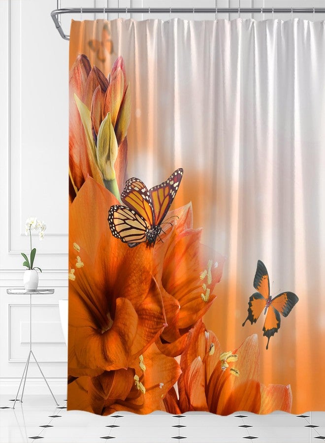 EVRCVAR Orange Shower Curtain Flower Butterfly Rustic Floral Lily Spring Nature Scene Bright Bathroom Curtain Fabric with Hooks(70" WX70 H) - Image 2