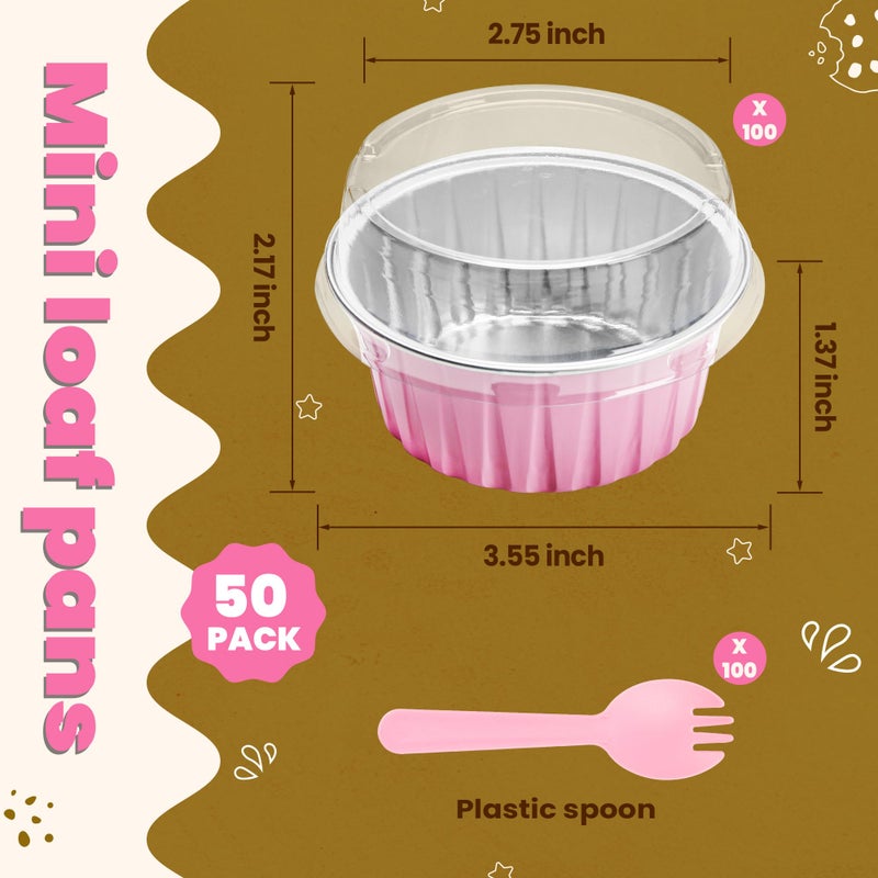 NPLUX 5 OZ Mini Loaf Pans with Lids Mini Cake Pans Baking Cups Disposable Ramekin for Cupake Pudding Party Wedding Birthday(50 Pack, Pink) - Image 3
