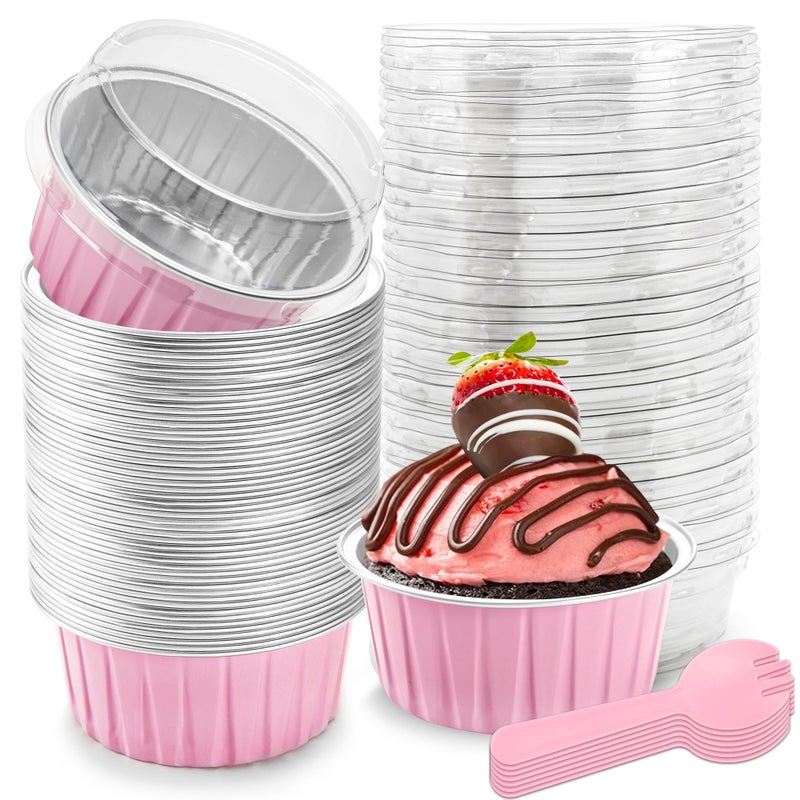 NPLUX 5 OZ Mini Loaf Pans with Lids Mini Cake Pans Baking Cups Disposable Ramekin for Cupake Pudding Party Wedding Birthday(50 Pack, Pink) - Image 1
