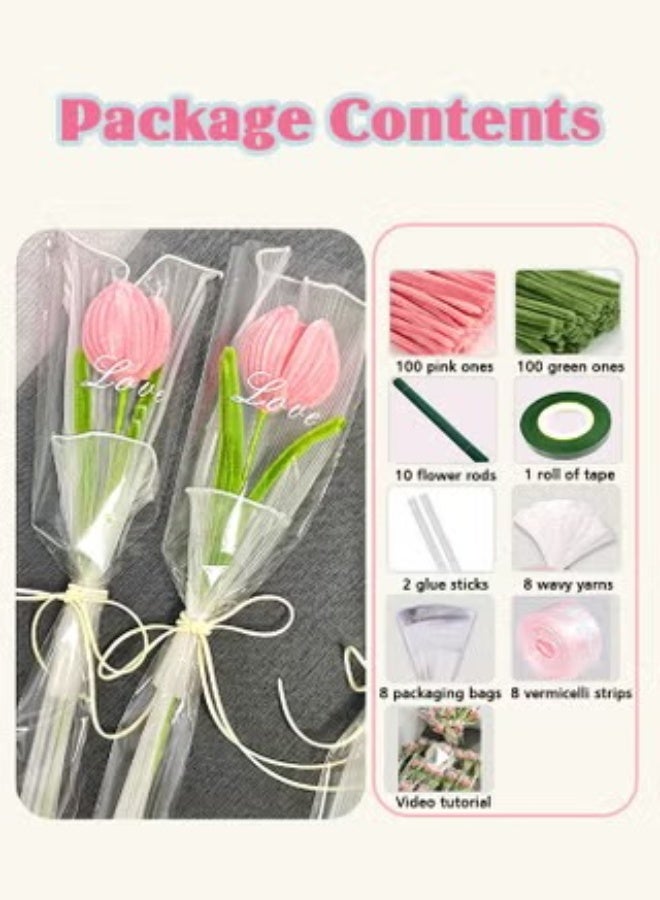 Eilimi Tulip Pipe Cleaners for Craft, 30cm Green and Pink Pipe Cleaners, Fuzzy Sticks Craft Supplies, Chenille Stems with Flower Pole, Flower Core & Gardening Tape, Arts & Crafts for DIY(8 Flowers) - Image 5