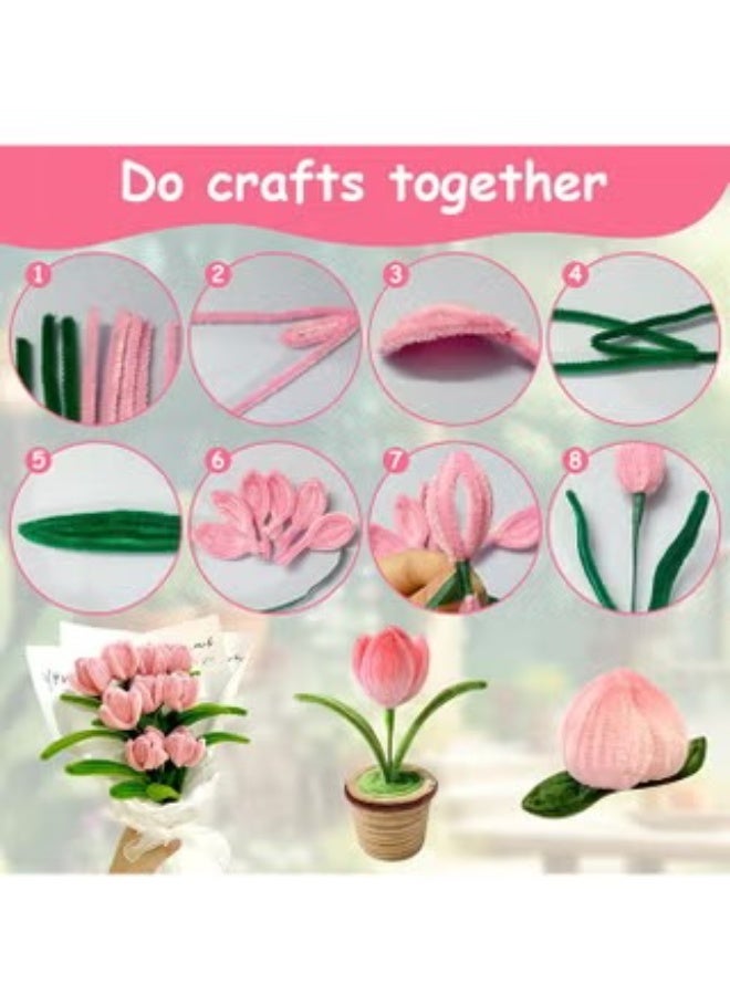 Eilimi Tulip Pipe Cleaners for Craft, 30cm Green and Pink Pipe Cleaners, Fuzzy Sticks Craft Supplies, Chenille Stems with Flower Pole, Flower Core & Gardening Tape, Arts & Crafts for DIY(8 Flowers) - Image 2