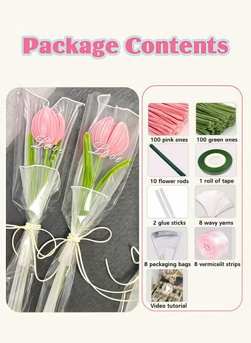 اعاره Tulip Pipe Cleaners for Craft, 30cm Green and Pink Pipe Cleaners, Fuzzy Sticks Craft Supplies, Chenille Stems with Flower Pole, Flower Core & Gardening Tape, Arts & Crafts for DIY(8 Flowers) - Image 5