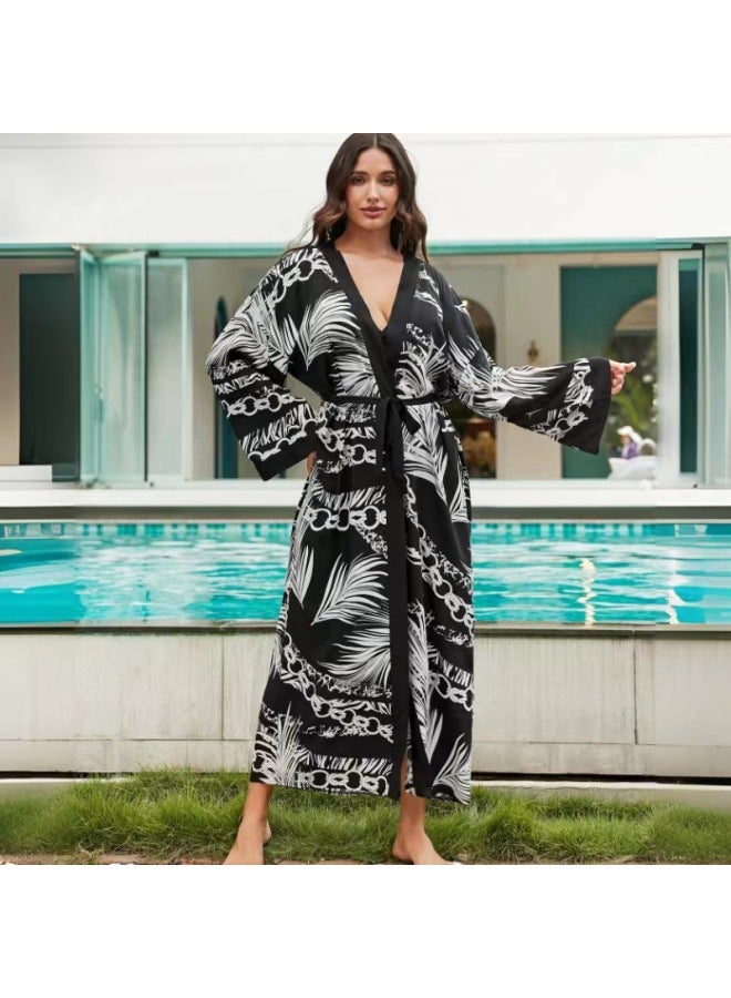 Loquat 2024 European And American Rayon Beach Blouse Robe Vacation Cardigan Bikini Swimsuit Sun Protection Shirt Coat-Color:73100-5 Light Blue Edge Color Geometry- - Image 4