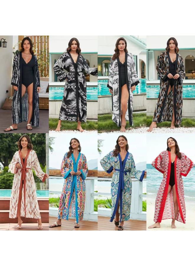 Loquat 2024 European And American Rayon Beach Blouse Robe Vacation Cardigan Bikini Swimsuit Sun Protection Shirt Coat-Color:73100-5 Light Blue Edge Color Geometry- - Image 2