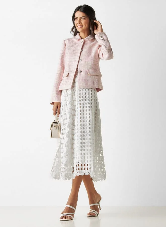 Iconic Iconic Textured Collared Jacket with Embellished Buttons