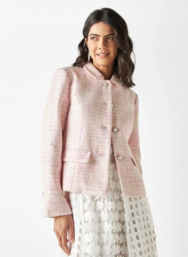 Iconic Iconic Textured Collared Jacket with Embellished Buttons