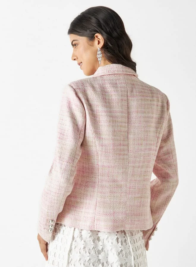 Iconic Iconic Textured Collared Jacket with Embellished Buttons
