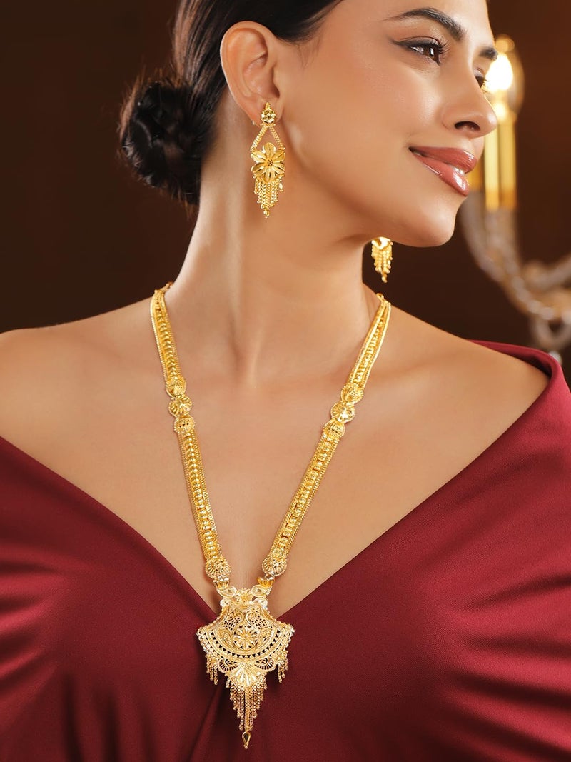 Rubans 18K Gold-Plated Floral Filigree Long Necklace Set with Intricate Pendant and Earrings for Women & Girls – Perfect for Bridal Wear, Traditional Ceremonies & Grand Occasions - Image 2