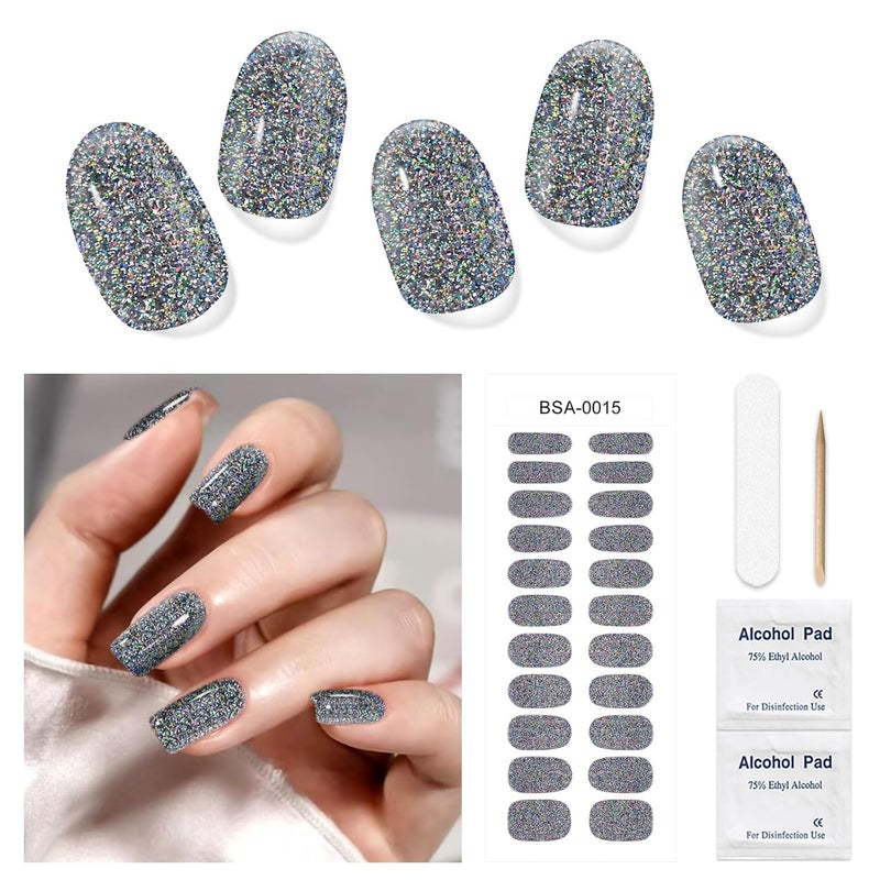 DUKASOU Gel Nail Strips, 22Pcs Gel Nail Stickers Self Adhesive, Nail Strips No UV Light Needed, Gel Nail Wraps Fit for Home, Includes Prep Pads, Nail File & Wood Stick(Grey Black Glitter)