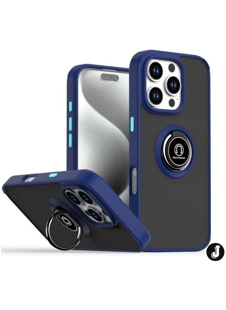 JAJEEK iPhone 16 Plus Case Cover – Blue Matte Shockproof Bumper with Metal Ring Holder Kickstand & Car Magnetic Mount - Image 1