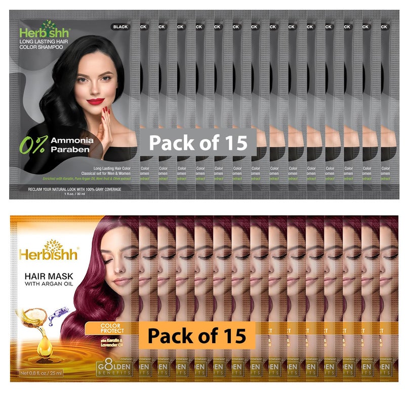 Herbishh Travel Pack Hair Dye Color Shampoo 15pc Argan Hair Mask Sachet Black 15 Sachets - Image 2