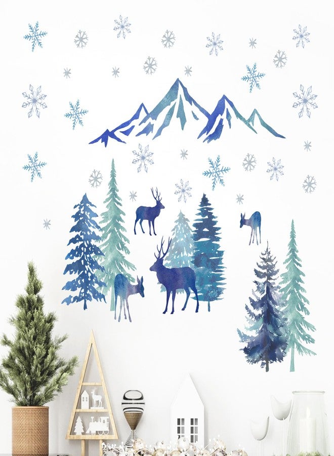 Mfault Winter Wonderland Wall Decals Stickers, Watercolor Snow Mountain Pine Tree Forest Reindeer Decorations Bedroom Art, Christmas Snowflake Seasonal Home Living Room Kitchen Decor - Image 1