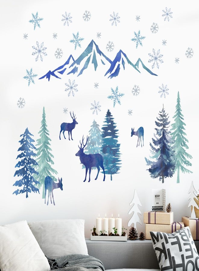 Mfault Winter Wonderland Wall Decals Stickers, Watercolor Snow Mountain Pine Tree Forest Reindeer Decorations Bedroom Art, Christmas Snowflake Seasonal Home Living Room Kitchen Decor - Image 4