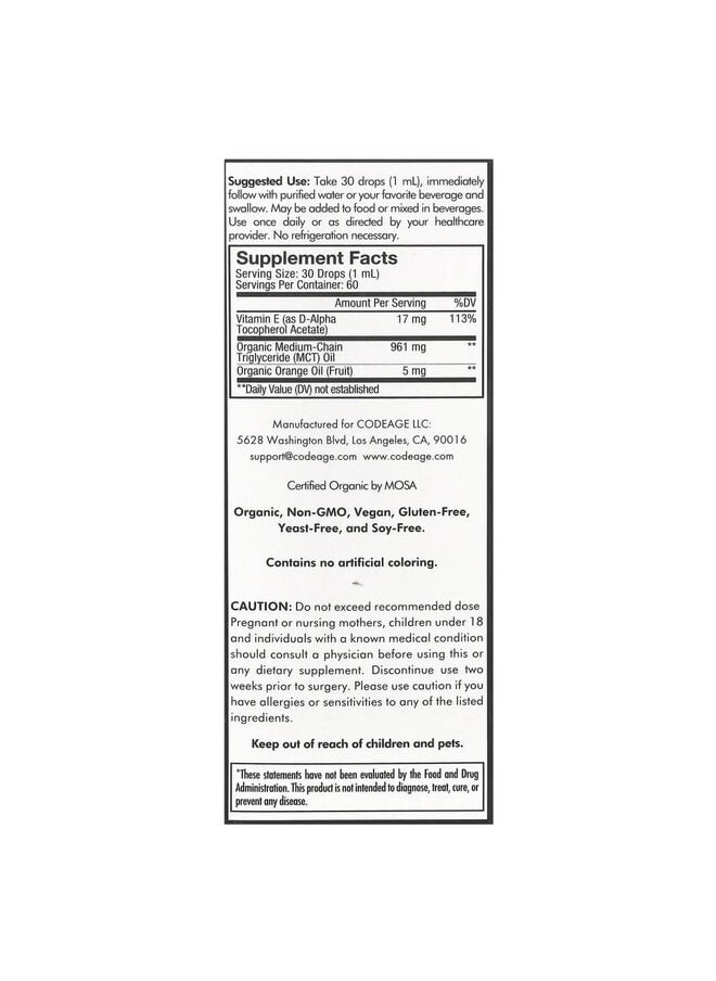 Codeage Liquid Vitamin E+, Unflavored, 2 fl oz (59.2 ml)  - Image 3