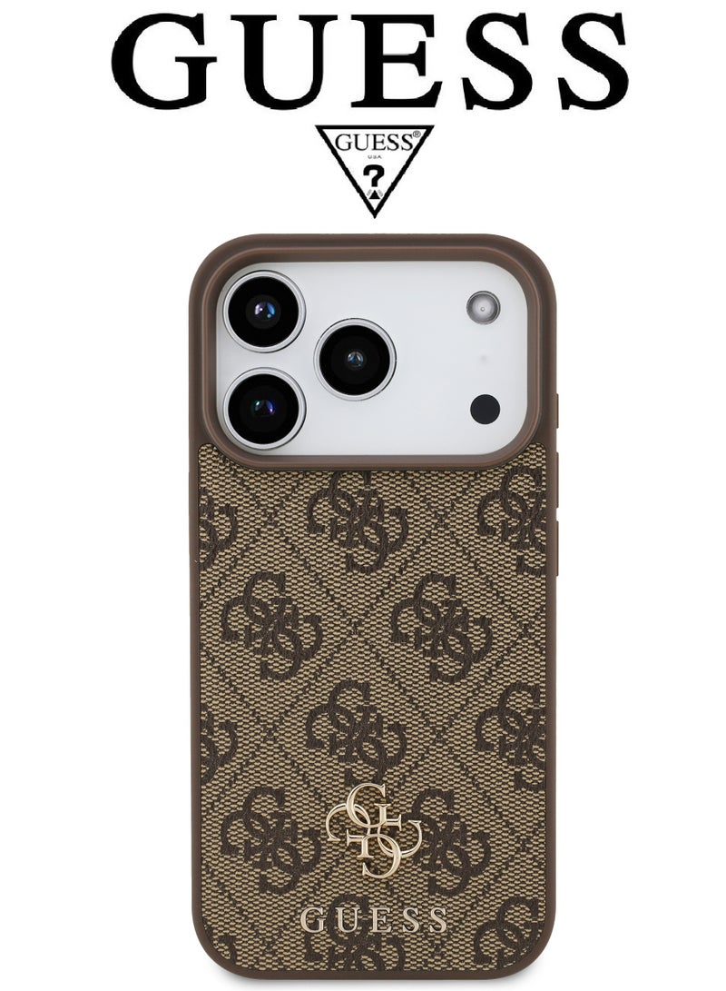 CG MOBILE Luxury embossed leather iPhone 17 Pro case. MagSafe wireless charging iPhone cover iphone 17 pro. Shockproof, durable back protection iphone 17 pro back cover. French-designed, elegant iphone 17 pro cover, certified in partnership with GUESS and CG MOBILE. Brown phone case. - Image 3