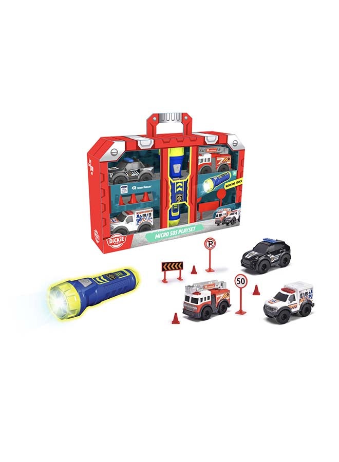 Dickie Micro SOS Toy Car Set – Police, Fire Brigade & Ambulance with Freewheel, Torch & Accessories, Ages 3+ - Image 1
