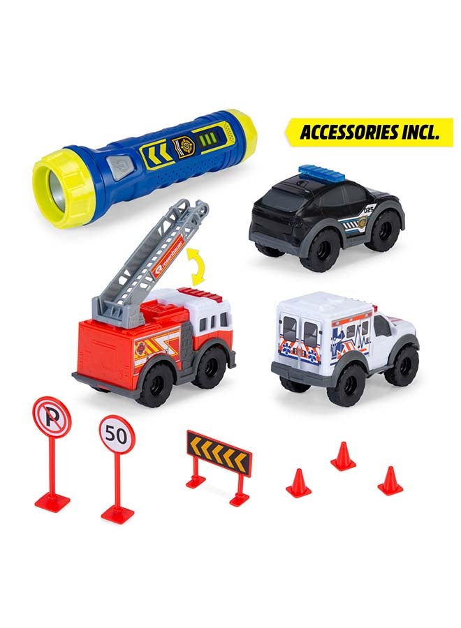 Dickie Micro SOS Toy Car Set – Police, Fire Brigade & Ambulance with Freewheel, Torch & Accessories, Ages 3+ - Image 5