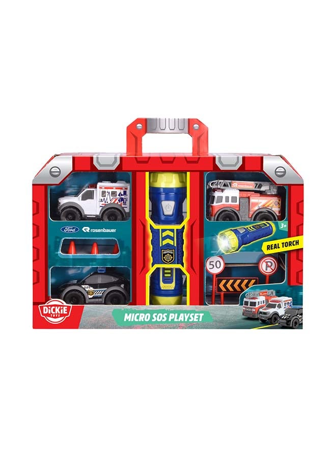 Dickie Micro SOS Toy Car Set – Police, Fire Brigade & Ambulance with Freewheel, Torch & Accessories, Ages 3+ - Image 3