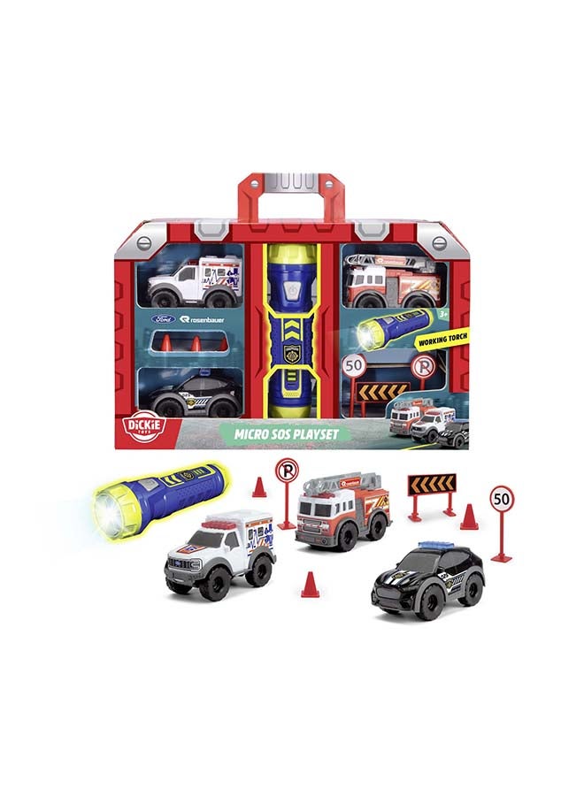 Dickie Micro SOS Toy Car Set – Police, Fire Brigade & Ambulance with Freewheel, Torch & Accessories, Ages 3+ - Image 2