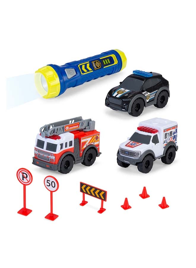 Dickie Micro SOS Toy Car Set – Police, Fire Brigade & Ambulance with Freewheel, Torch & Accessories, Ages 3+ - Image 4
