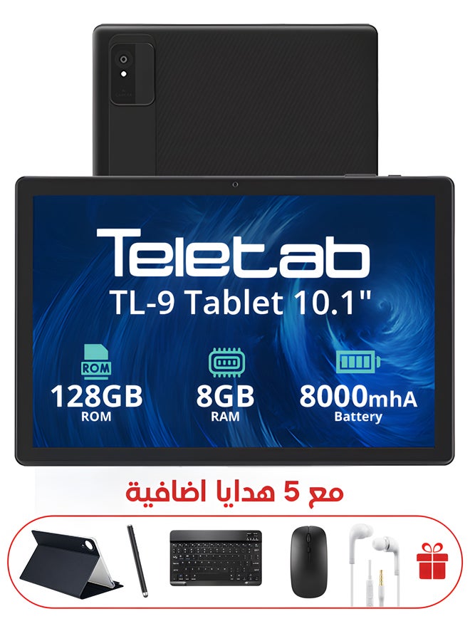 تيلي تاب تابلت TL-9 بحجم 10.1 بوصة وذاكرة RAM سعة 8GB وذاكرة داخلية سعة 128GB مع واي فاي باللون الأسود مع غلاف جلدي أسود | لوحة مفاتيح لاسلكية | ماوس | قلم | سماعات أذن | شاحن Type-C - Image 1