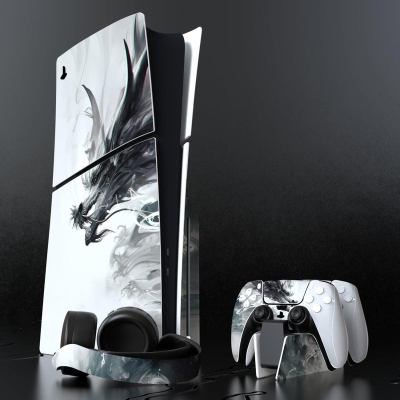 PlayVital Full Set Skin Sticker for ps5 Slim Console Disc Edition (The New Smaller Design), Vinyl Skin Decal Cover for ps5 Controller & Headset & Charging Station - Ink Spirit Dragon - Image 4