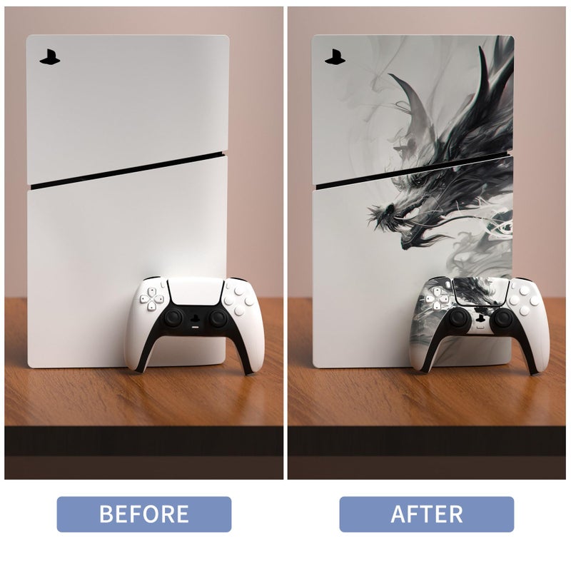 PlayVital Full Set Skin Sticker for ps5 Slim Console Disc Edition (The New Smaller Design), Vinyl Skin Decal Cover for ps5 Controller & Headset & Charging Station - Ink Spirit Dragon - Image 3